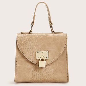 Metal Lock Decor Croc Embossed Satchel Bag in Beige